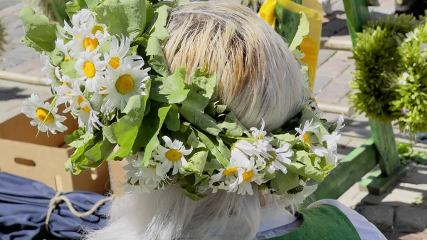 A wreath of summer flowers and herbs on the head of a girl on the holiday of the summer solstice.