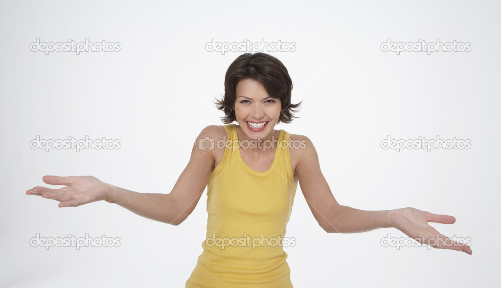 Excited Woman Stretching Out Palms