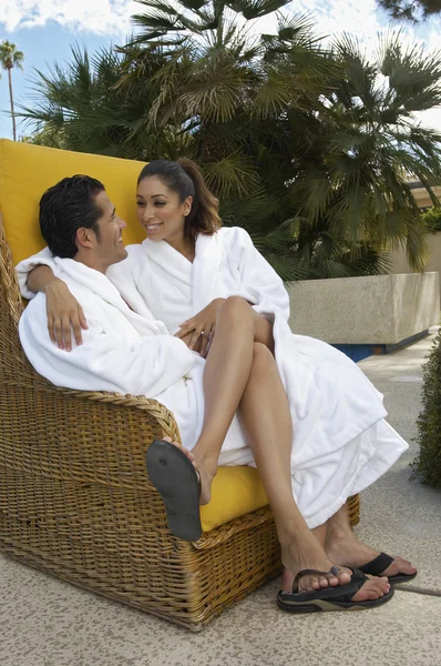 Couple In Bathrobes Embracing Outdoors — Stock Photo, Image