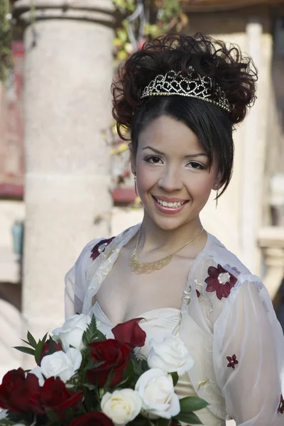 Beautiful Quinceanera Holding Flowers — Stock Photo, Image