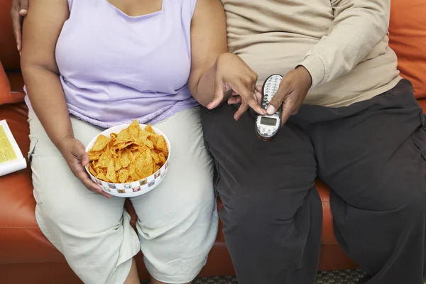 肥胖对夫妇坐在沙发上 — 图库照片