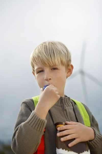 Carino piccolo ragazzo che soffia giocattolo fischietto — Foto Stock