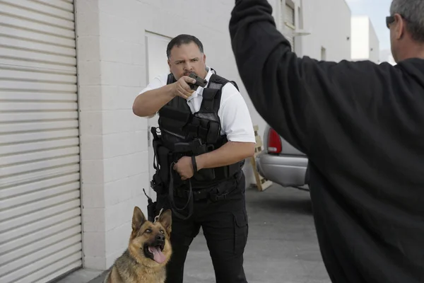 Guarda de segurança apontando arma para ladrão — Fotografia de Stock