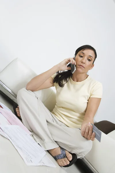 Woman Paying Taxes On Cell Phone — Stock Photo, Image
