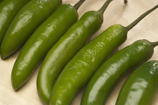 Zelené chilli papričky v řadě — Stock fotografie