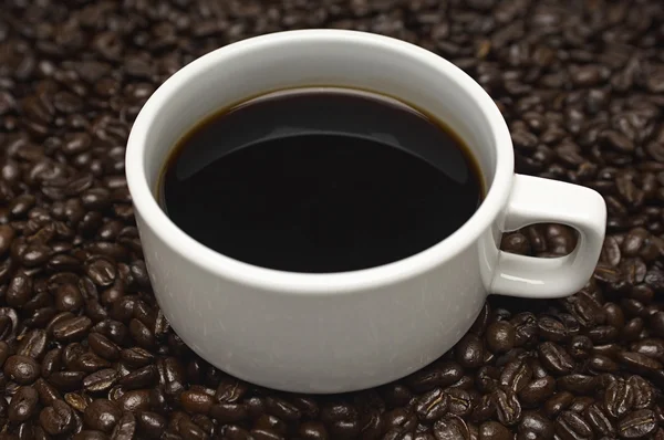 Tazza di caffè su fagioli — Foto Stock