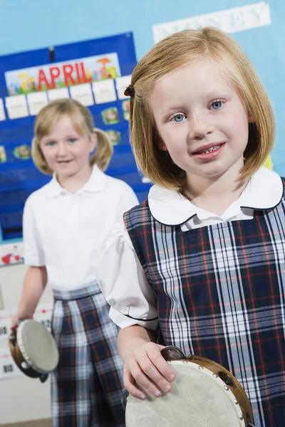 Girls With Tambourine In Music Class — Stock Photo, Image