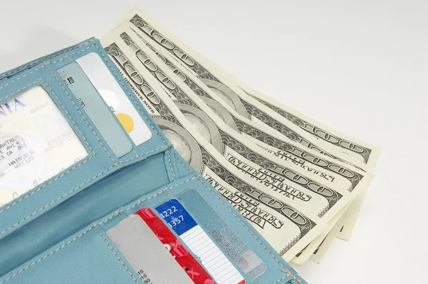Blaue Brieftasche mit Dollars — Stockfoto