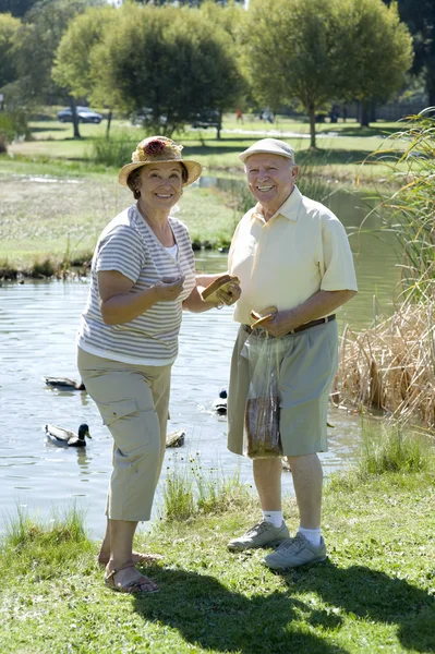 Senior Couple Standing By Duckpond — Stock Photo, Image