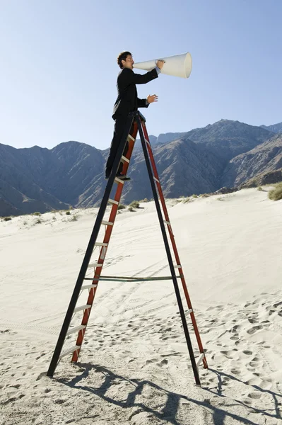 Бизнесмен на стремянке с помощью мегафона в пустыне — стоковое фото