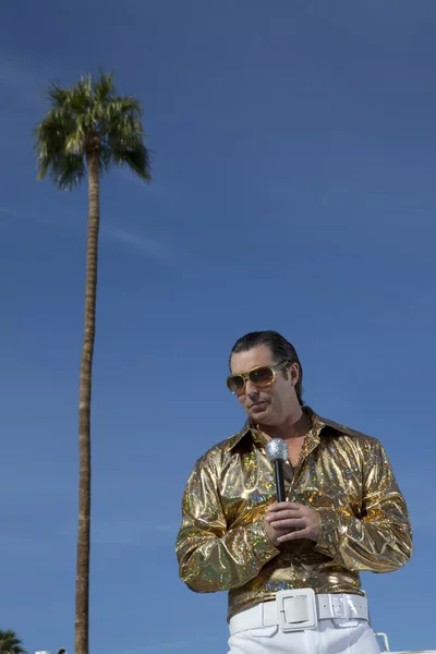 Low angle view of middle-aged man holding microphone — Stock Photo, Image