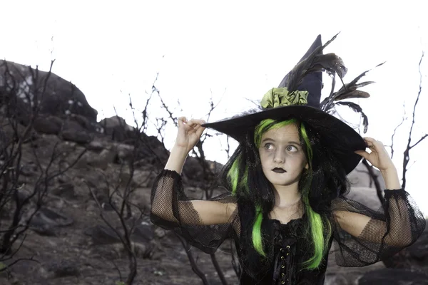 Śliczna czarownica trzyma kapelusz czarownicy i odwracając — Zdjęcie stockowe