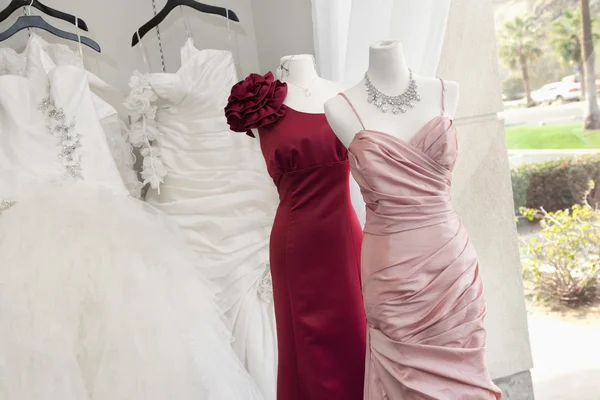 Wedding dress on display in bridal store — Stock Photo, Image