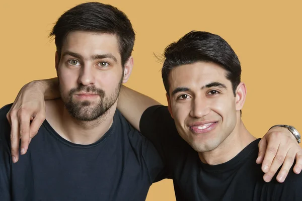 Portrait of a young male friends with arms around over colored background — Stock Photo, Image