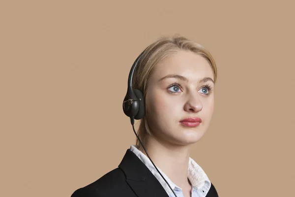 Beautiful female customer service representative over colored background — Stock Photo, Image