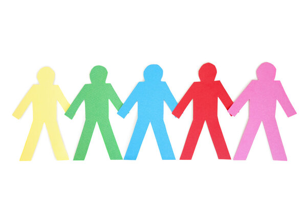 Row of multi-coloured paper cut out figures over white background