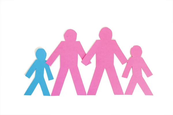 Row of paper stick figures holding hands over white background — Stock Photo, Image