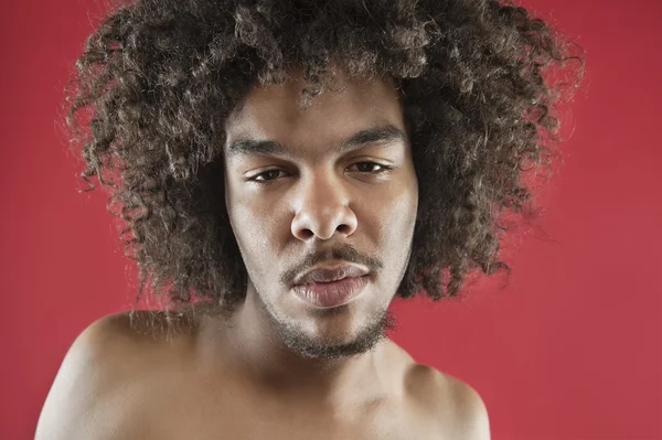 Close-up portrait of a young man with curly hair over colored background — Stock Photo, Image