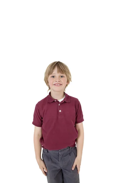 Retrato de niño de primaria feliz en uniforme escolar sobre fondo blanco —  Fotos de Stock