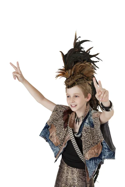School kid in costume gesturing peace sign over white background — Stock Photo, Image