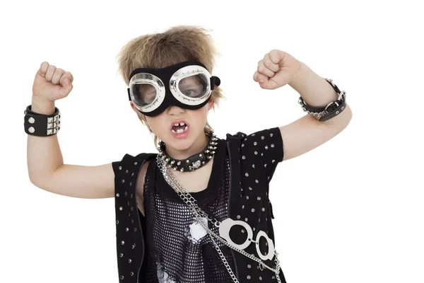 Portrait of punk kid wearing pilot goggles with raised fist over white background — Stock Photo, Image