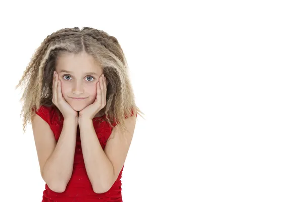 Portret van vervelen meisje in een rode outfit op witte achtergrond — Stockfoto