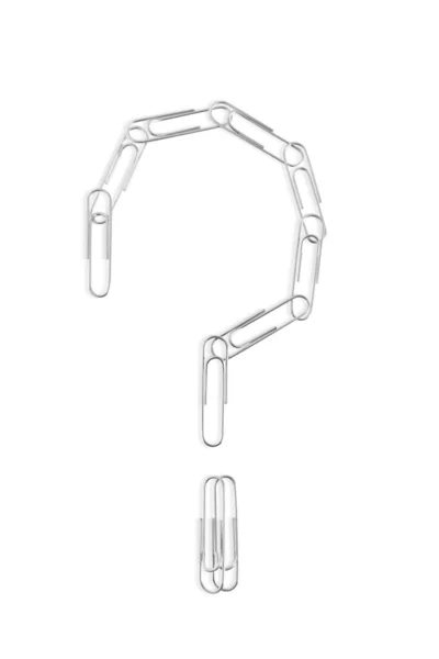 Close-up of paper clip forming question mark over white background — Stock Photo, Image