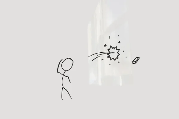 Conceptual image of stick figure breaking glass through eraser — Stock Photo, Image