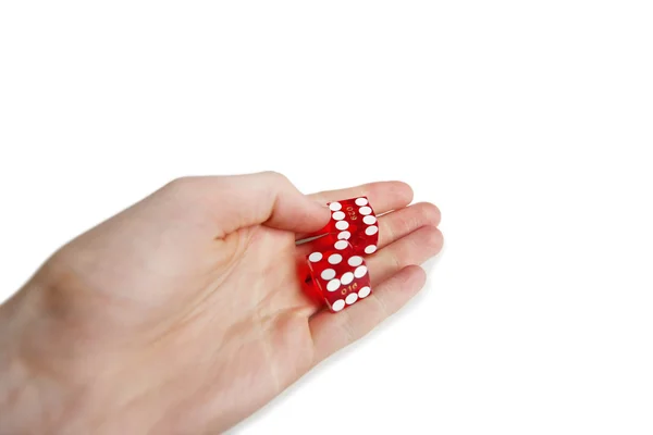 Cropped image of hands holding gambling cubes over white background — Stock Photo, Image