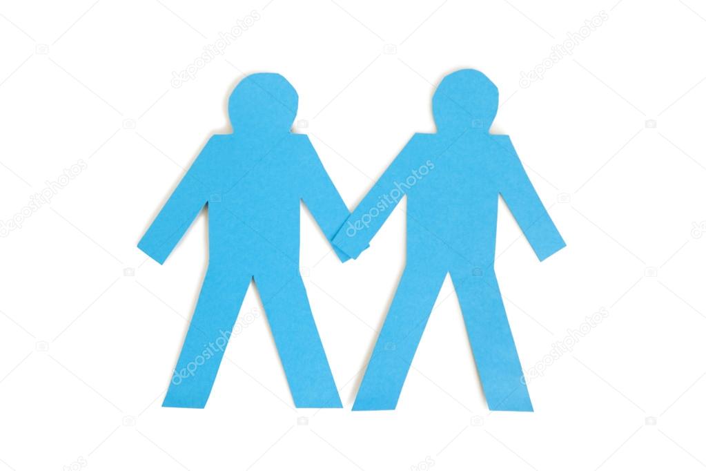 Download - Two blue paper stick figures holding hands over white background...