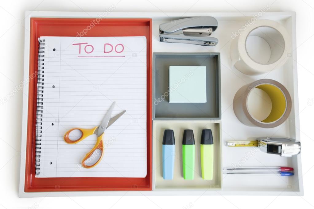 Close-up view of office supplies arranged neatly
