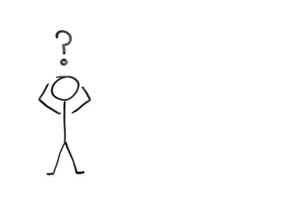 Strichmännchen mit Fragezeichen, das Verwirrung über weißen Hintergrund darstellt — Stockfoto