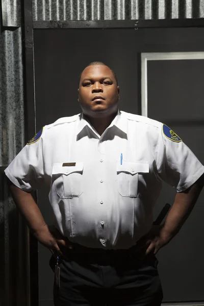 Confident Security Guard Standing At Corrugated Doorway — Stock Photo, Image