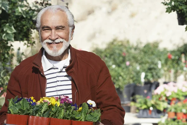 Äldre man med blomkrukor — Stockfoto