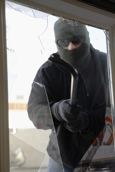 Masked Thief Breaking Glass — Stock Photo, Image