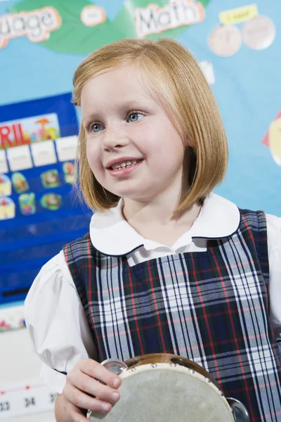 Elementary Student With Tambourine — Stock Photo, Image