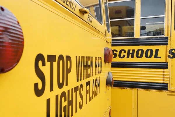 Detente cuando las luces rojas parpadeen en el autobús escolar —  Fotos de Stock