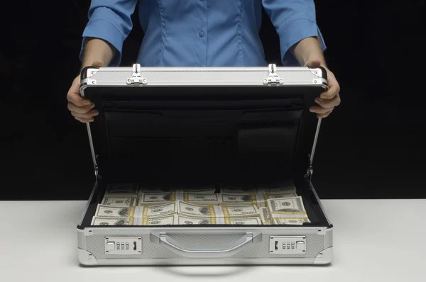 Woman With Suitcase Full Of Dollars — Stock Photo, Image