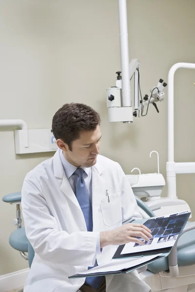 Dentysta zaglądać dokumentacji medycznej — Zdjęcie stockowe