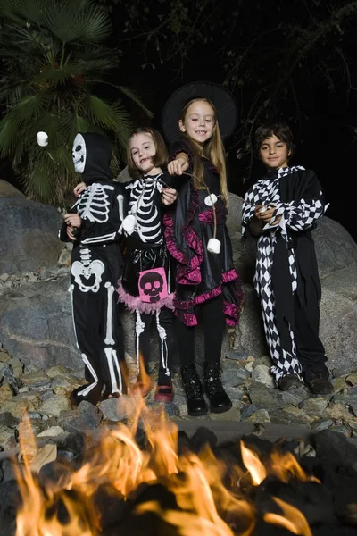 Kinderen in halloween kostuums koken marshmallows op kampvuur — Stockfoto