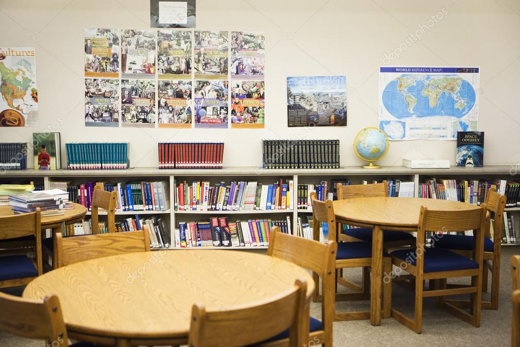 High School Library With Arranged Tables And Chairs Stock Photo High School Library With Arranged Tables And Chairs Stock Photo