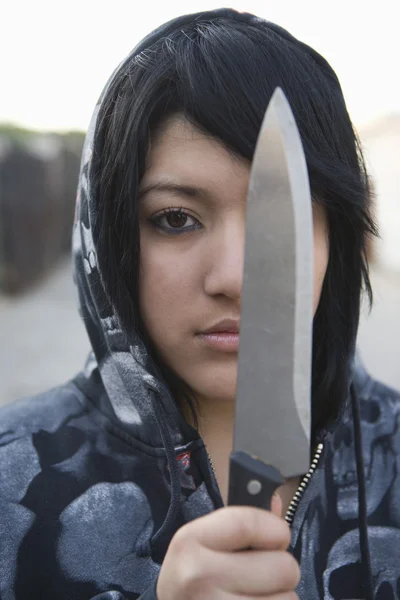 Angry Female Criminal Holding Knife — Stock Photo, Image