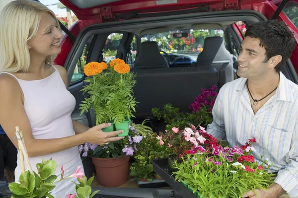 Couple avec des plantes en pot — Photo