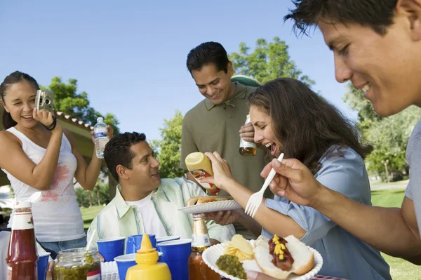 Familie verzameld rond picknicktafel — Stockfoto