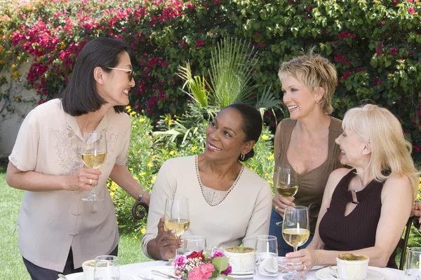 Mulheres conversando com copos de vinho — Fotografia de Stock