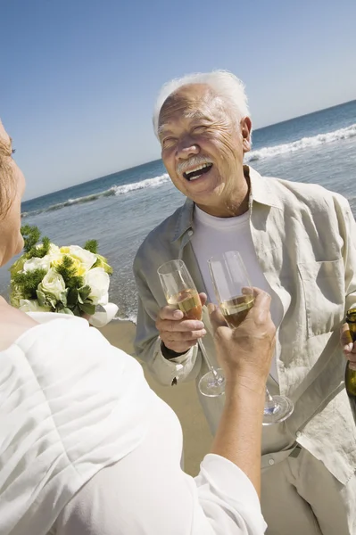 Oudere pasgehuwden delen een toast — Stockfoto