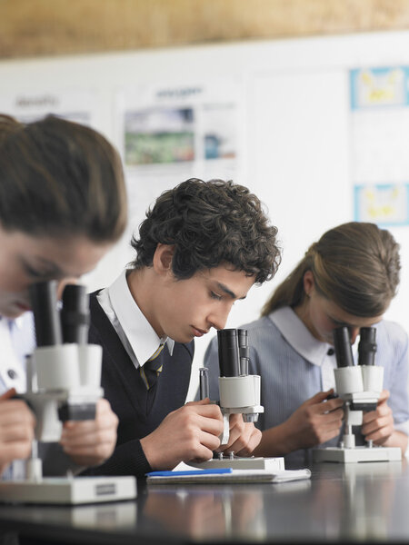 High school students with microscopes 