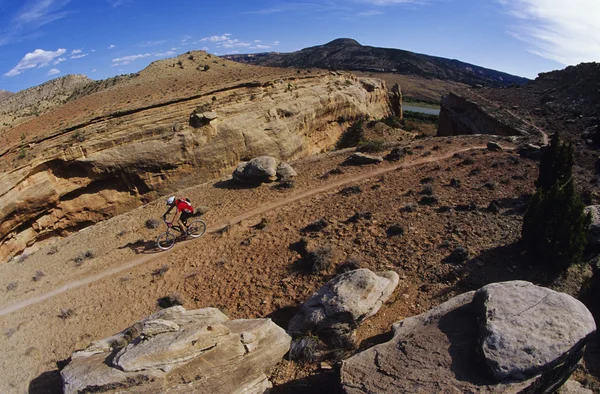 Biker riding on mountain trail — Stock Photo, Image