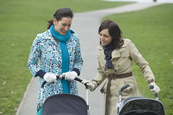 Mothers in park looking at babies — Stock Photo, Image