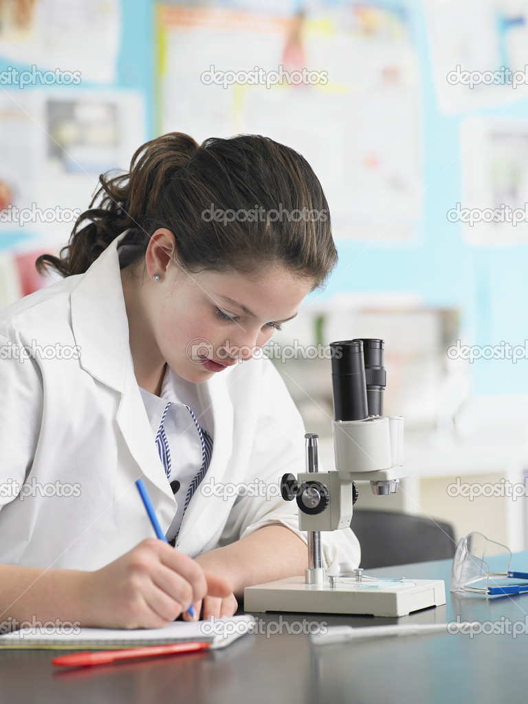 High School female  Student  with microscope 